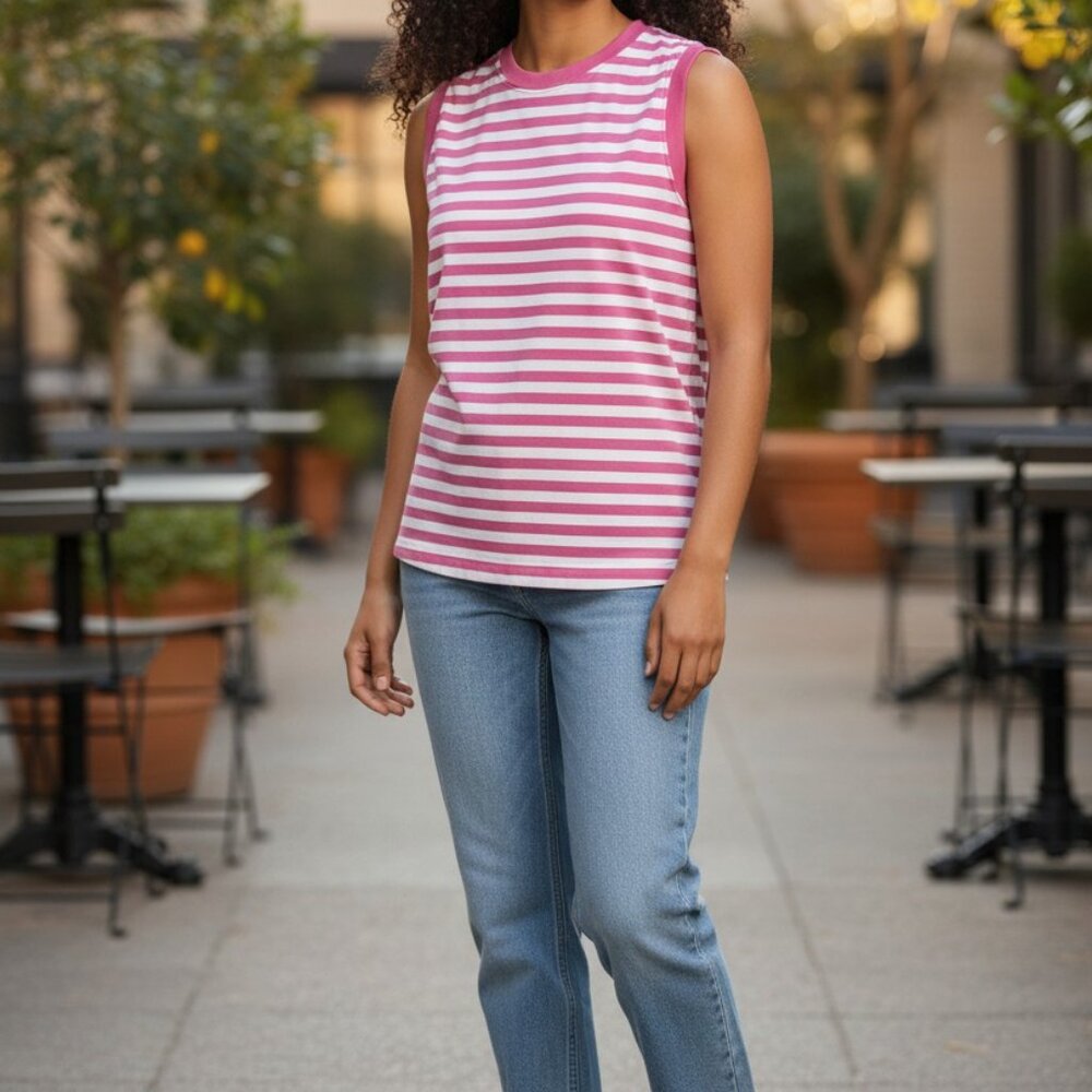 (B-54)American Weekend Women’s Sleeveless Pink White Striped Tank Top Size M Cas